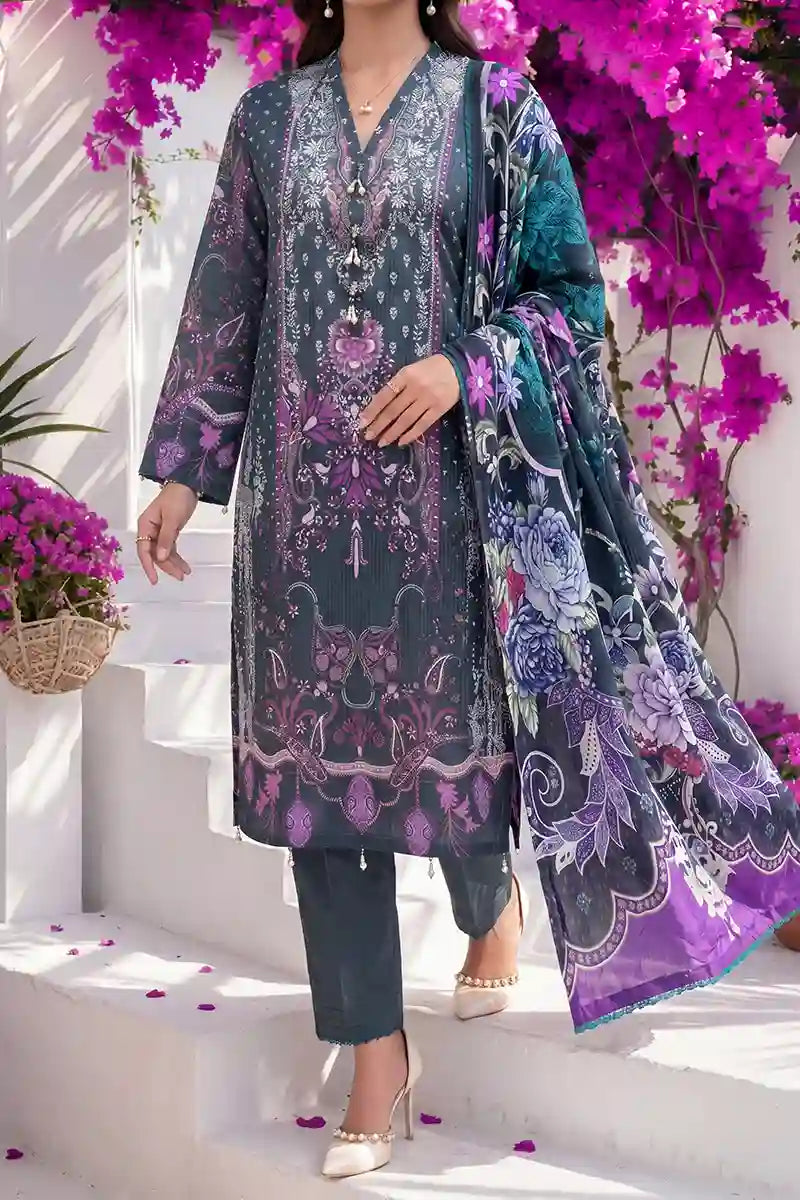 Aabruh Vol-1 3PC Unstitched Printed Lawn Suit (Dark Charcoal Slate & Vibrant Purple Floral)