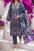 Aabruh Vol-1 3PC Unstitched Printed Lawn Suit (Dark Charcoal Slate & Vibrant Purple Floral)