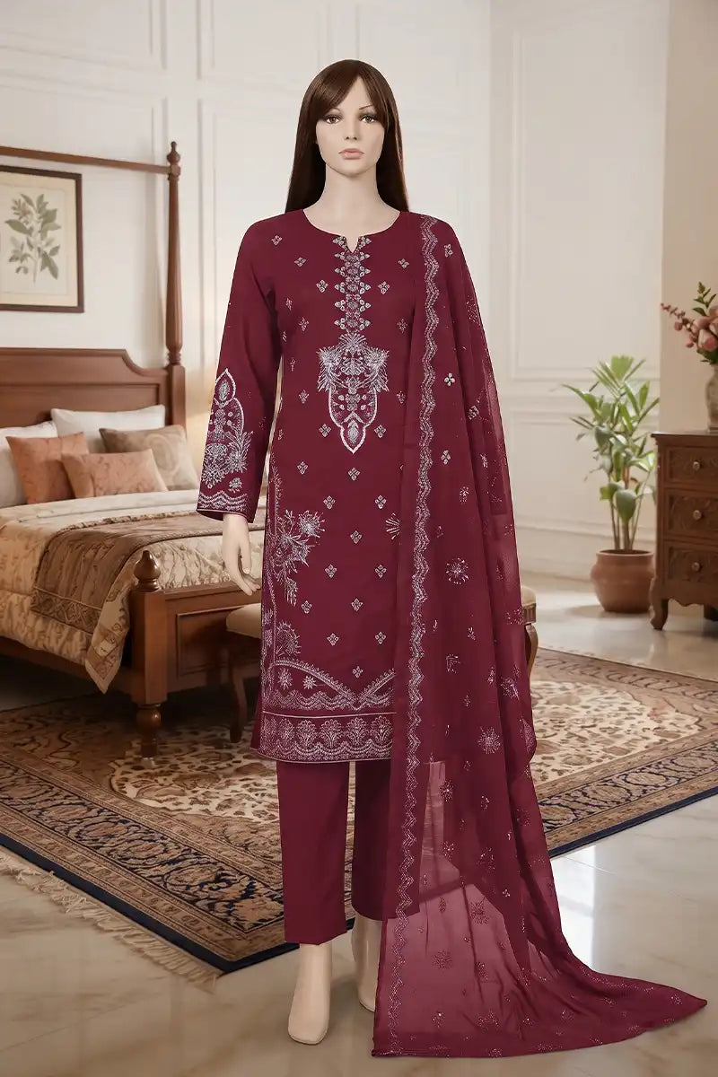 Arooj by Breeza Fashion - 3PC Unstitched Embroidered Lawn Suit (Maroon)