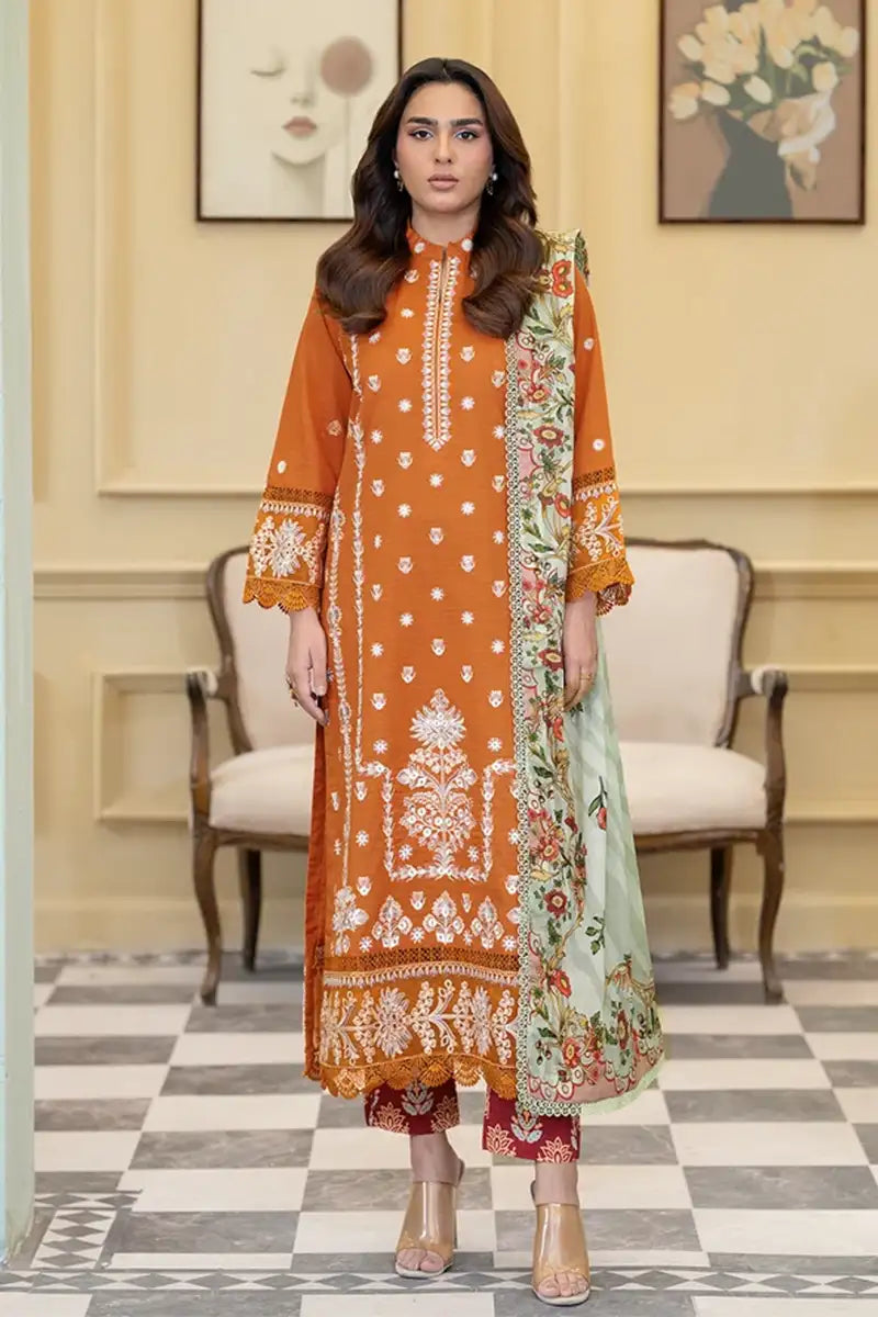 Elvia By Johra - 3PC Unstitched Embroidered Lawn Suit (Rust Orange)