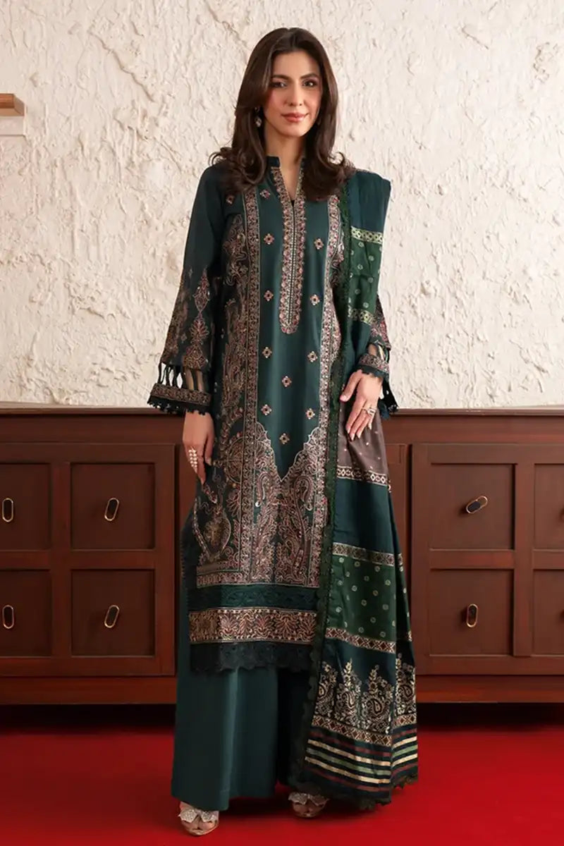 Poshak By Johra - 3 Piece Unstitched Embroidered Lawn Suit (Deep Teal Green)