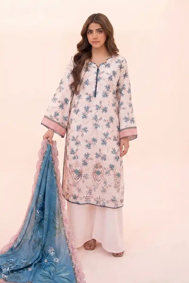 Zesh - 3PC Unstitched Embroidered Lawn Suit (Soft Powder Pink & Steel Blue)