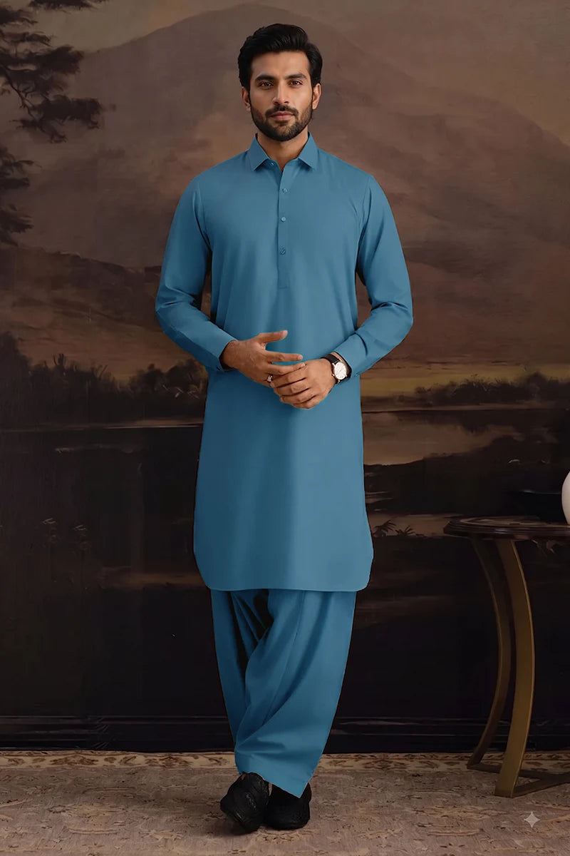 Premium Men's Unstitched Cotton Fabric Suit (Slate Blue)