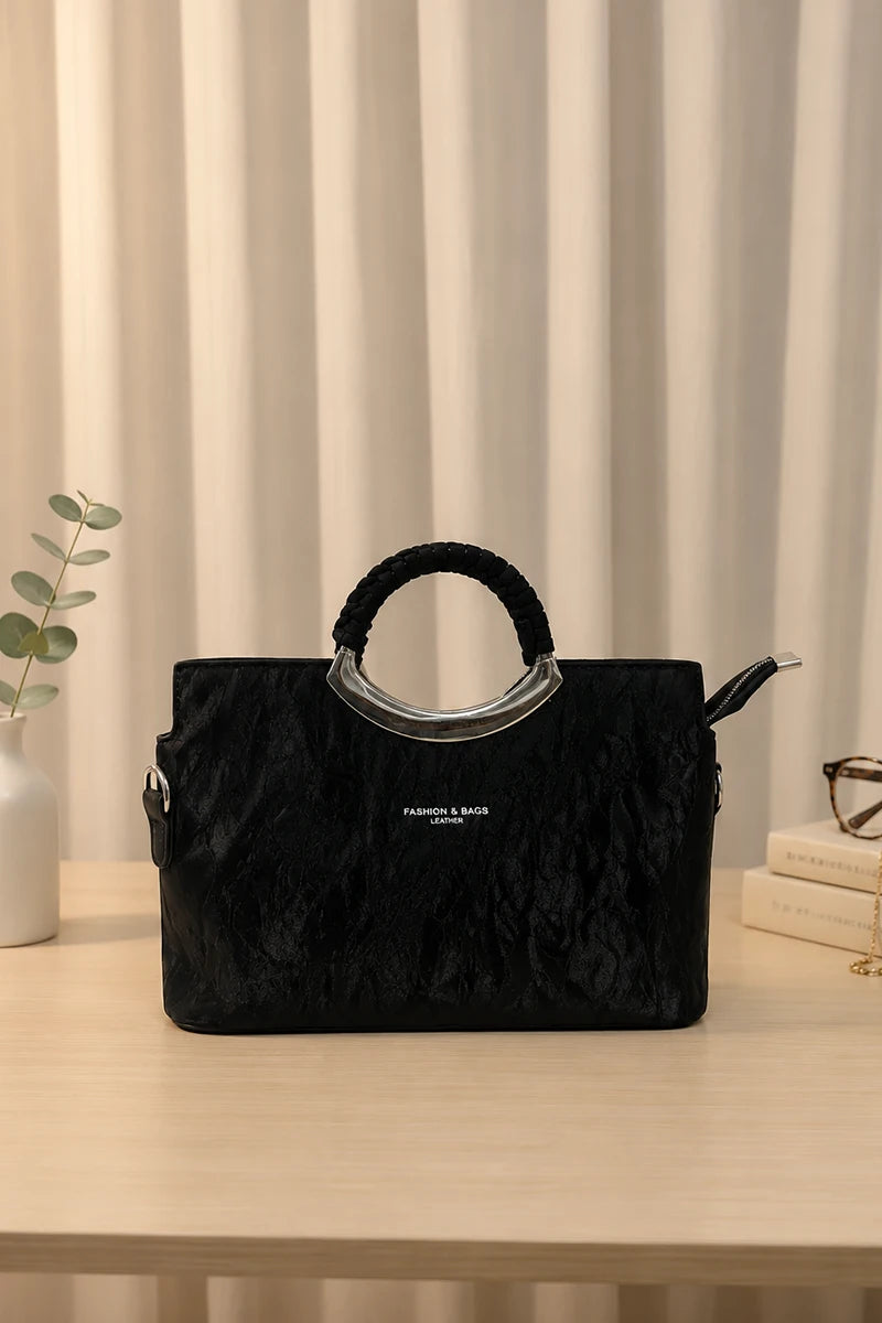 Top Handle Faux Leather Satchel Bag For Women (Black)
