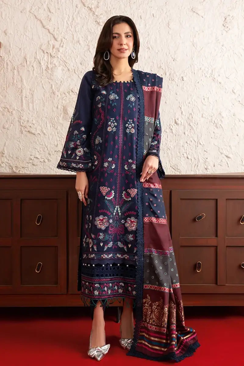 Poshak By Johra - 3 Piece Unstitched Embroidered Lawn Suit (Deep Navy Blue)