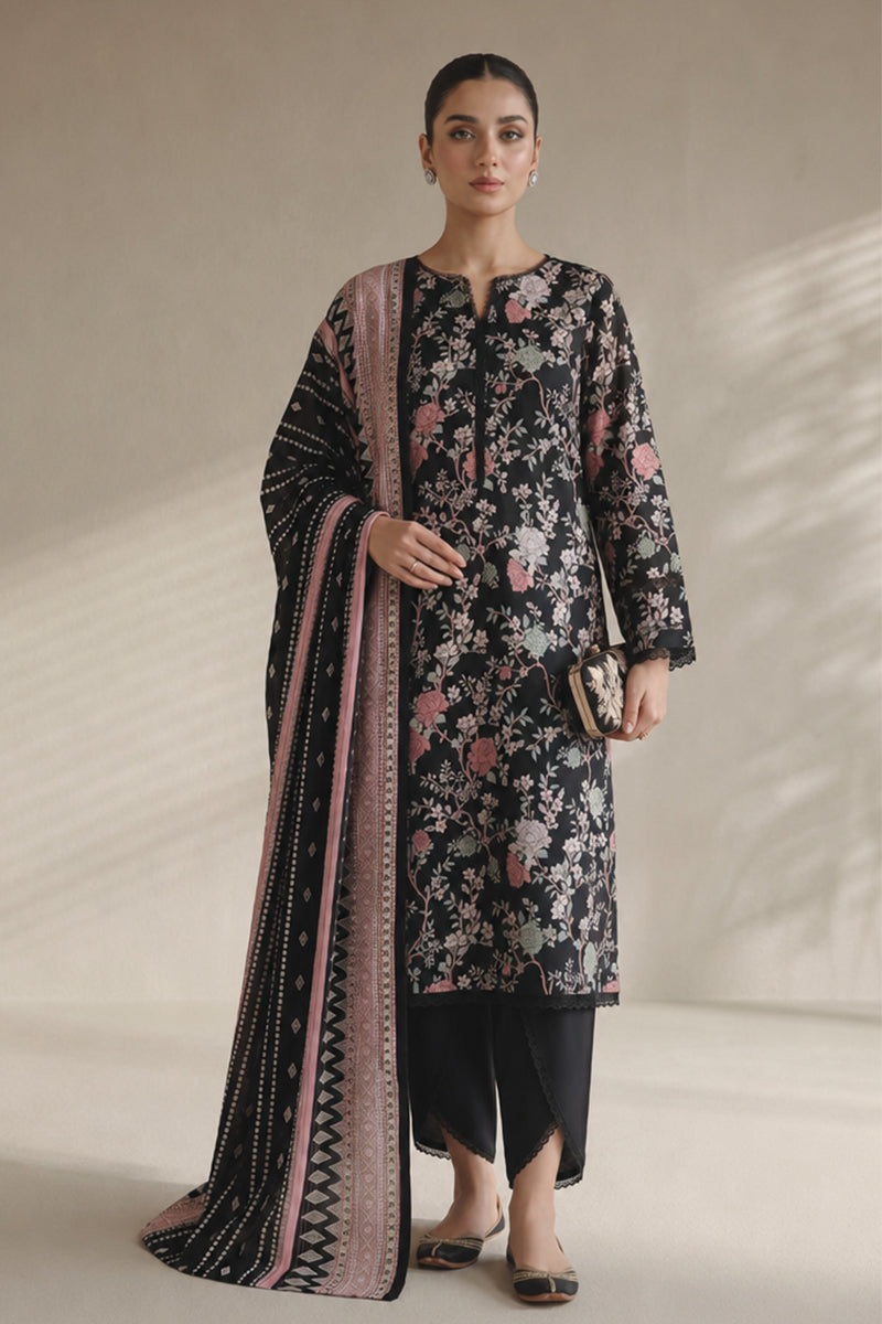 Khaadi – 3 Piece Unstiched Premium Printed Lawn Suit (Black & Dusty Pink Floral)