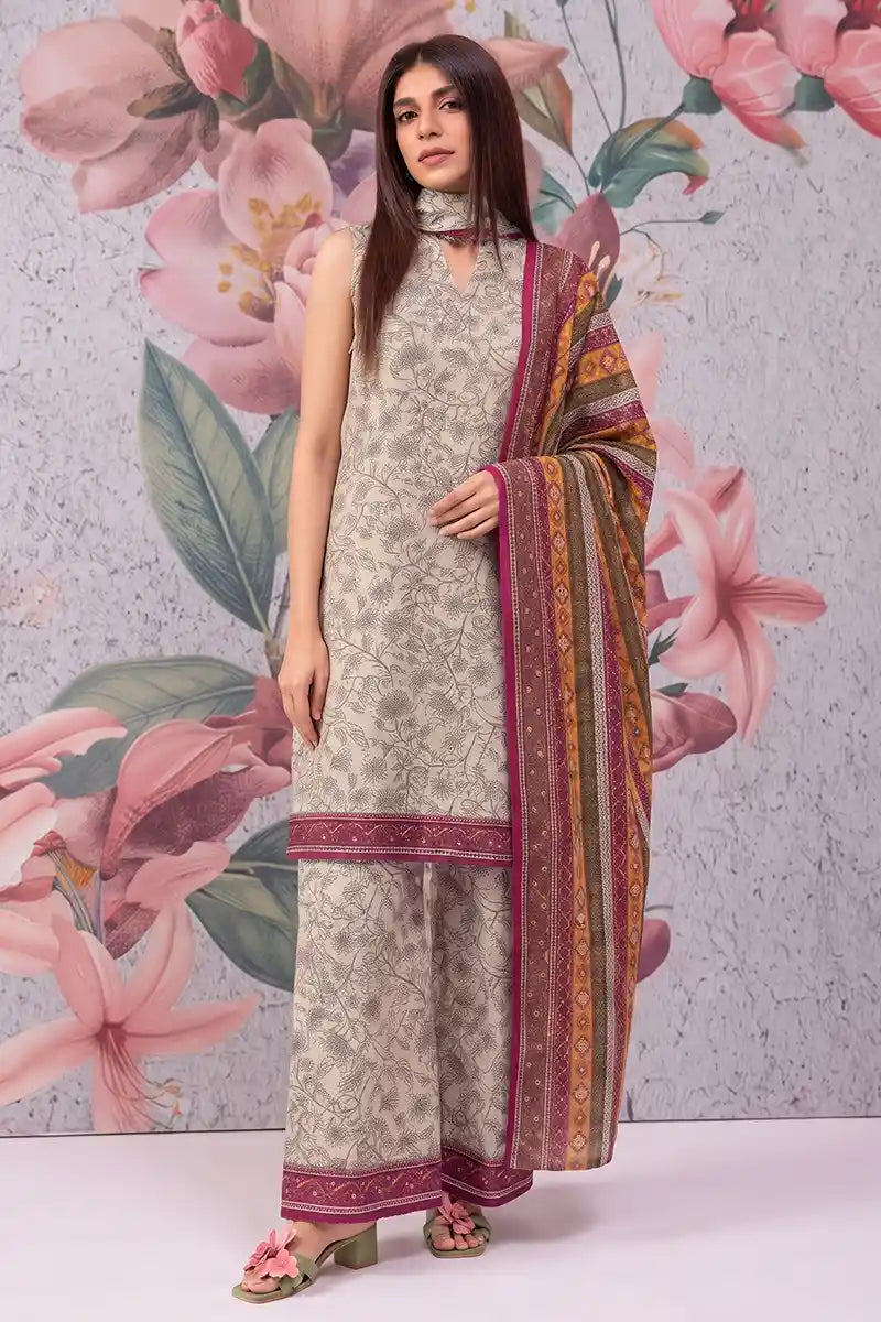 Khaadi 3-Piece Unstitched Printed Lawn Suit Set (Light Oat)
