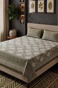 KBCFashion - Premium Multani Double Bed Sheet Set with Zari Work (Olive Green)