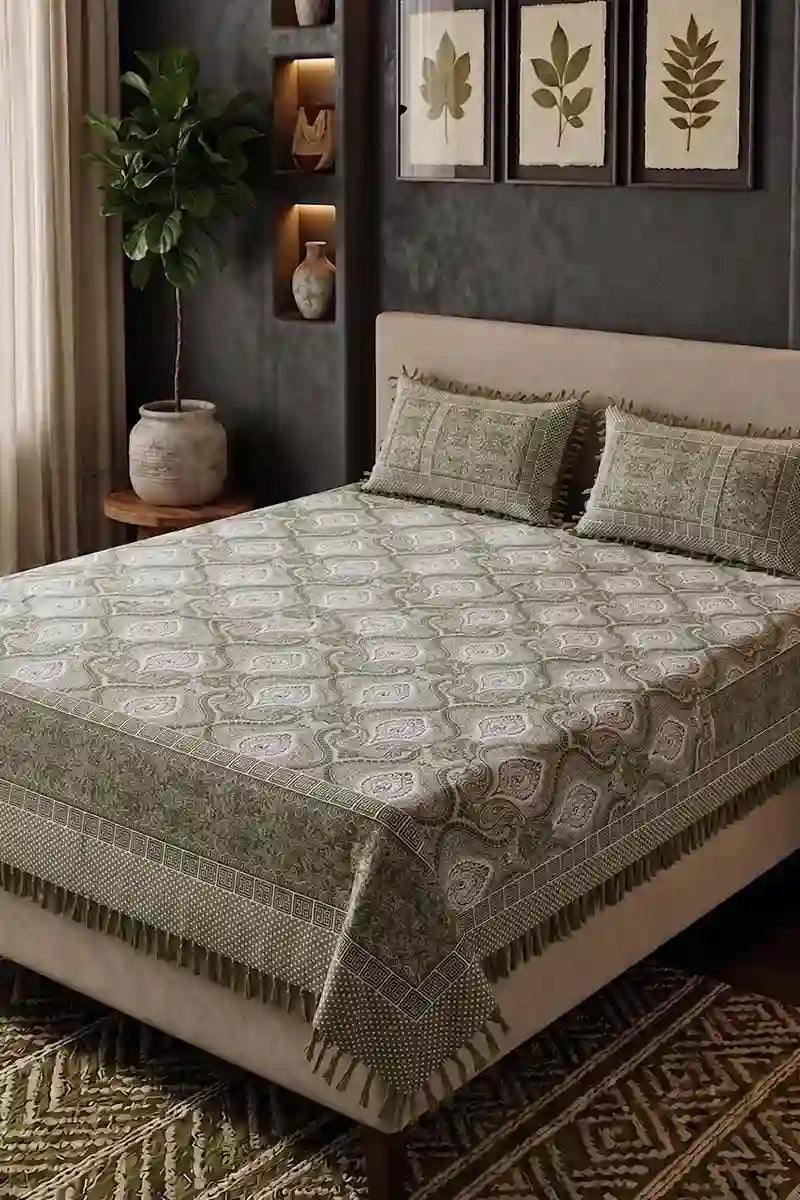 KBCFashion - Premium Multani Double Bed Sheet Set with Zari Work (Olive Green)