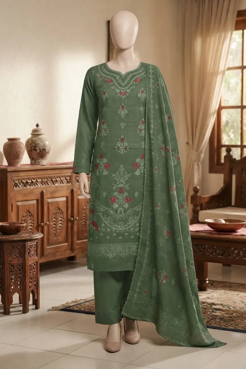 Noor by Breeza Fashion - 3PC Unstitched Embroidered Lawn Suit (Muted Olive Green)