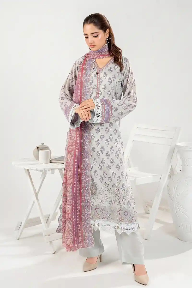 Zesh - 3PC Unstitched Embroidered Lawn Suit (Ice Grey & Old Rose)