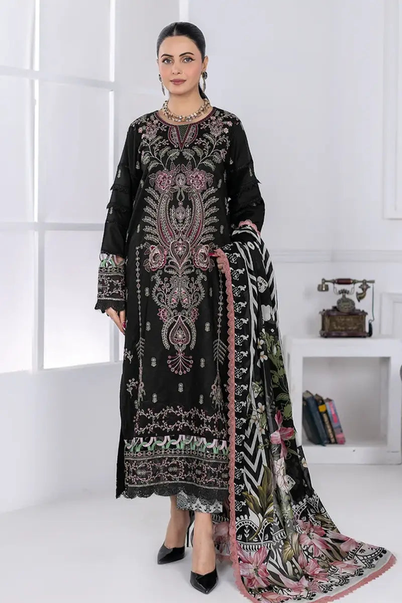 Muswa By Johra - 3PC Unstitched Embroidered Lawn Suit (Black)