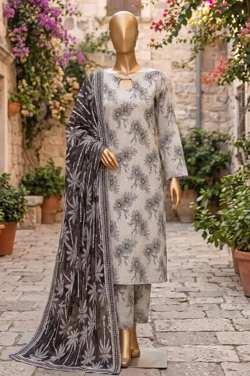 Agha Noor Printed Collection by KBC Fashion - 3PC Unstitched Suit (Light Ash Grey)