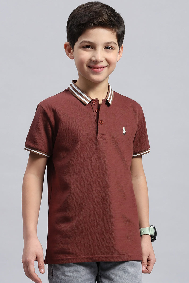 Boy's Textured Cotton Polo T-Shirt (Rust Brown)