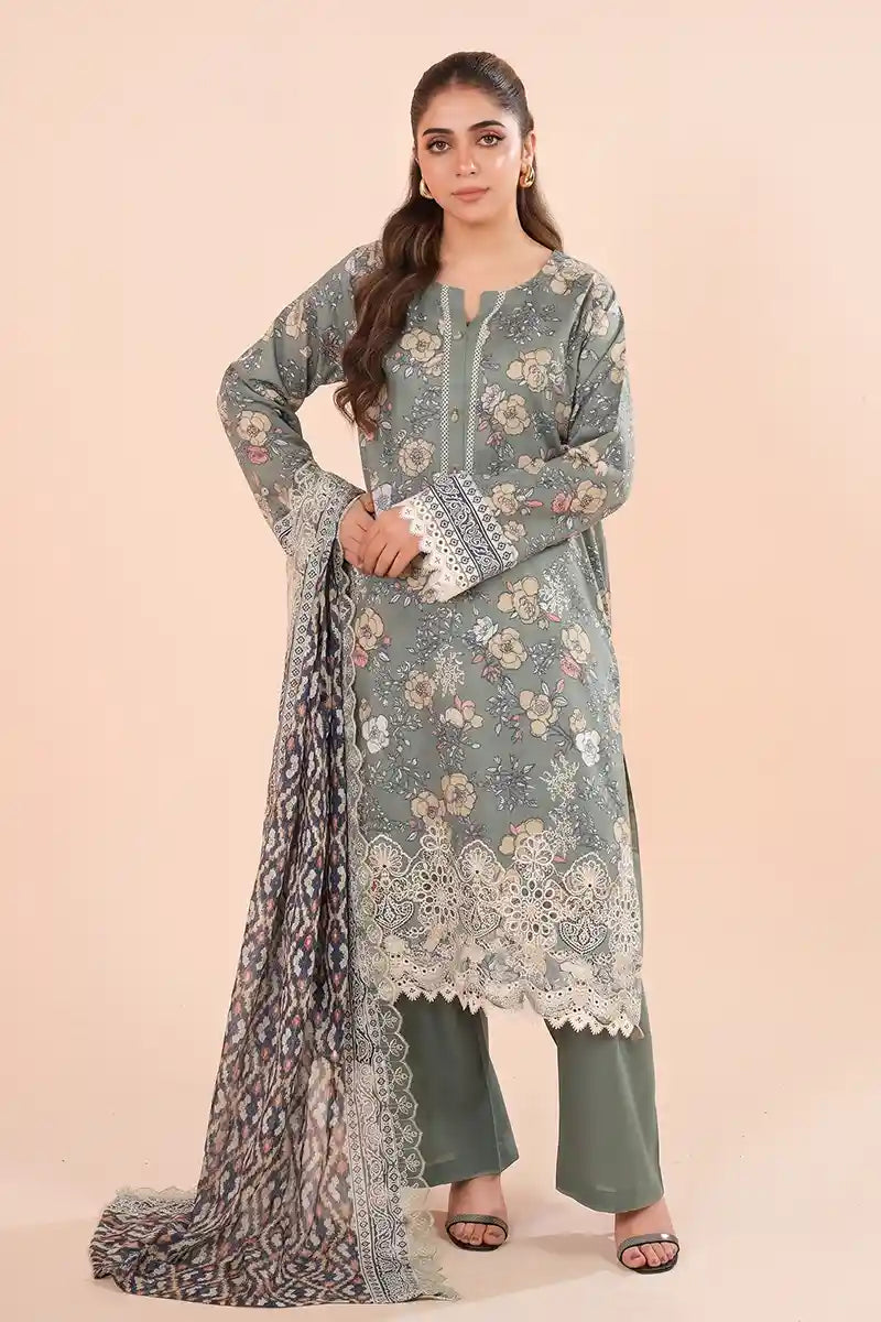 Zesh - 3PC Unstitched Embroidered Lawn Suit (Moss Green)