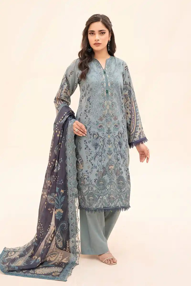 Zesh - 3PC Unstitched Embroidered Lawn Suit (Dusty Teal & Slate Grey)