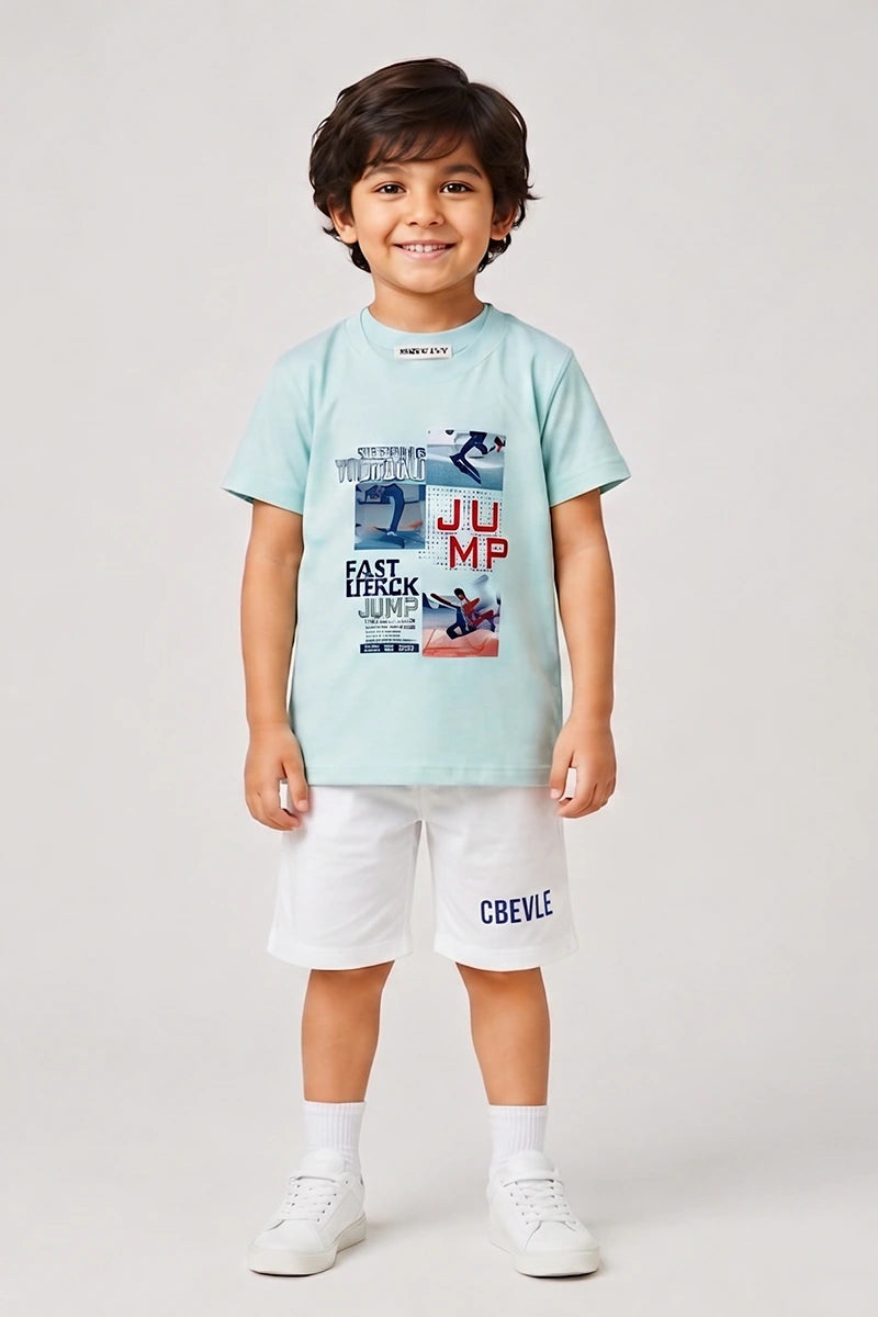 Boys T-Shirt & Shorts Set (Mint Green & Pure White)