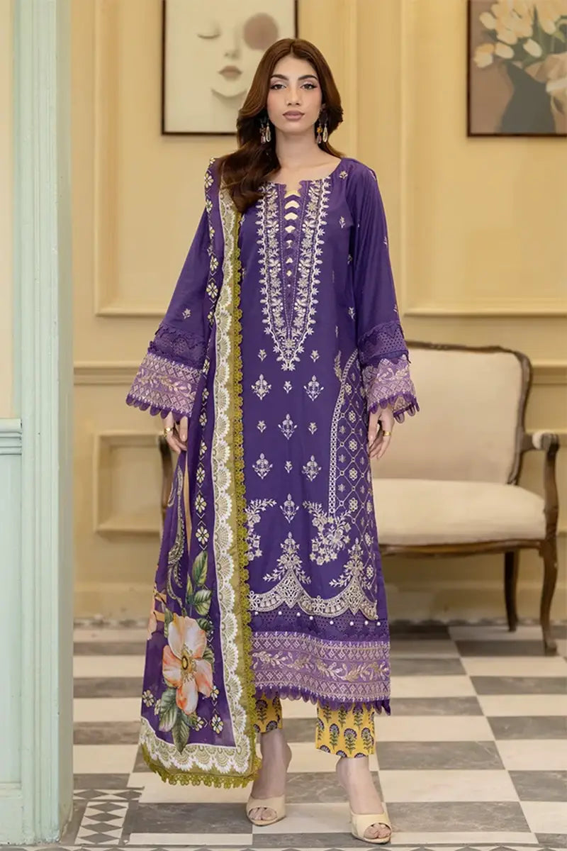 Elvia By Johra - 3PC Unstitched Embroidered Lawn Suit (Purple)