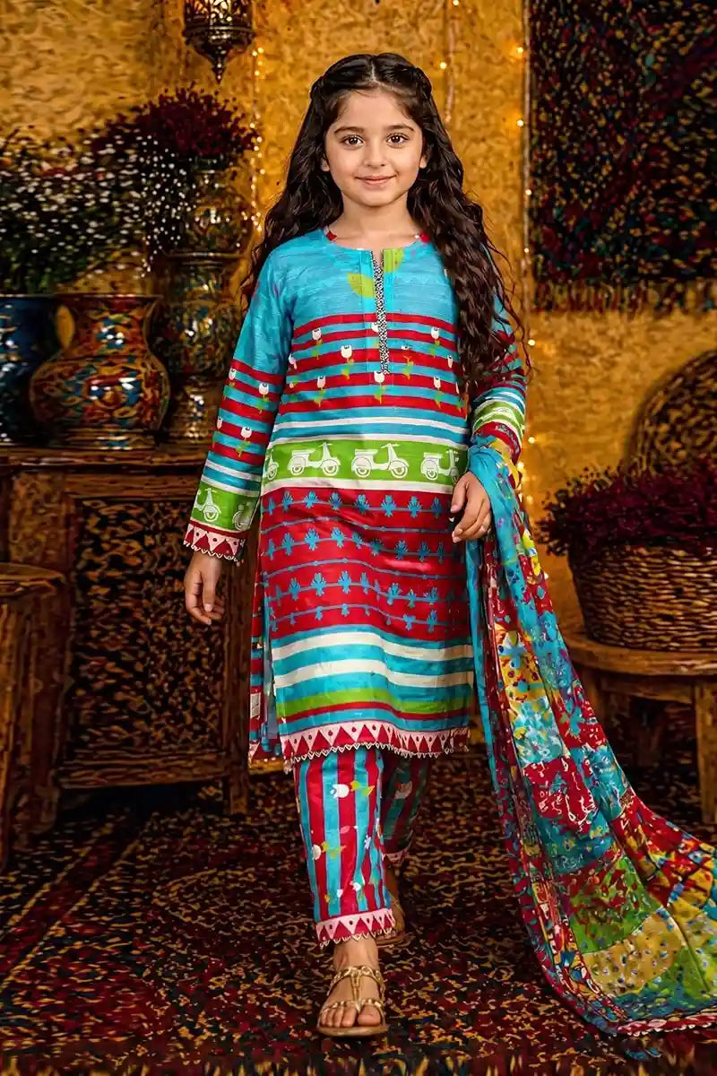 Ting Tone by Almeerah - Girls Unstitched 2-Piece Suit (8 to 12 Years) (Sky Blue & Bright Crimson)