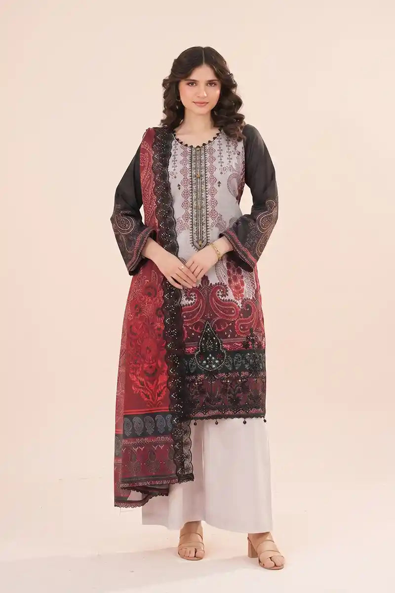 Zesh - 3PC Unstitched Embroidered Lawn Suit (Deep Crimson Red, Charcoal & Light Grey)