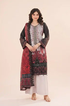 Zesh - 3PC Unstitched Embroidered Lawn Suit (Deep Crimson Red, Charcoal & Light Grey)