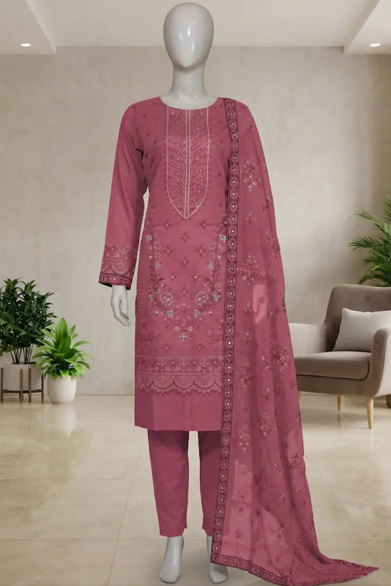 Pariyon Ki Rani by Breeza Fashion - 3PC Unstitched Embroidered Lawn Suit (Dusty Rose)