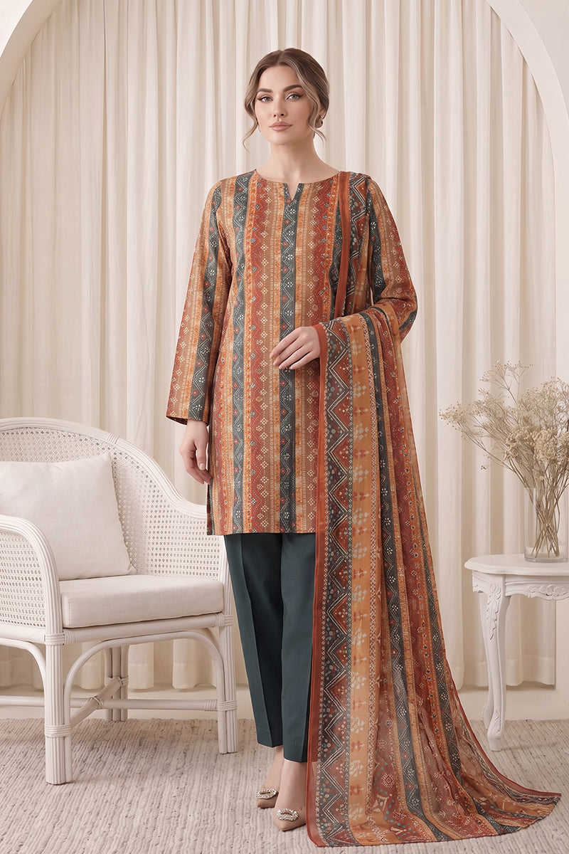 Gul Rang By Bareezé – 3-Piece Unstiched Printed Classic Lawn (Rust Terracotta)