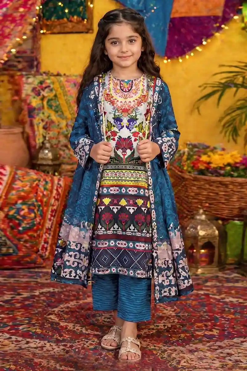 Ting Tone by Almeerah - Girls Unstitched 2-Piece Suit (8 to 12 Years) (Deep Teal)