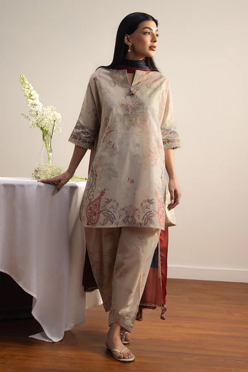 COCO By Zara Shahjahan - 3-Piece Unstitched Printed Lawn Suit (Muted Taupe)
