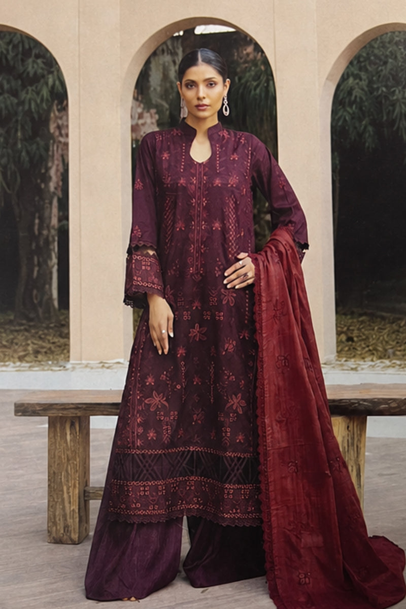 Mahrin By Johra - Premium 3PC Unstitched Embroidered Lawn Suit (Dark Boysen Berry & Oxblood)