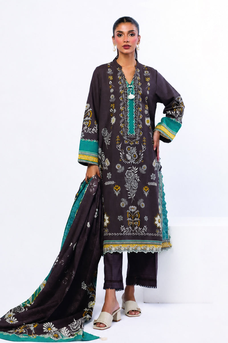 Khaadi – 3 Piece Unstiched Printed Lawn Suit (Charcoal Brown & Emerald Teal)