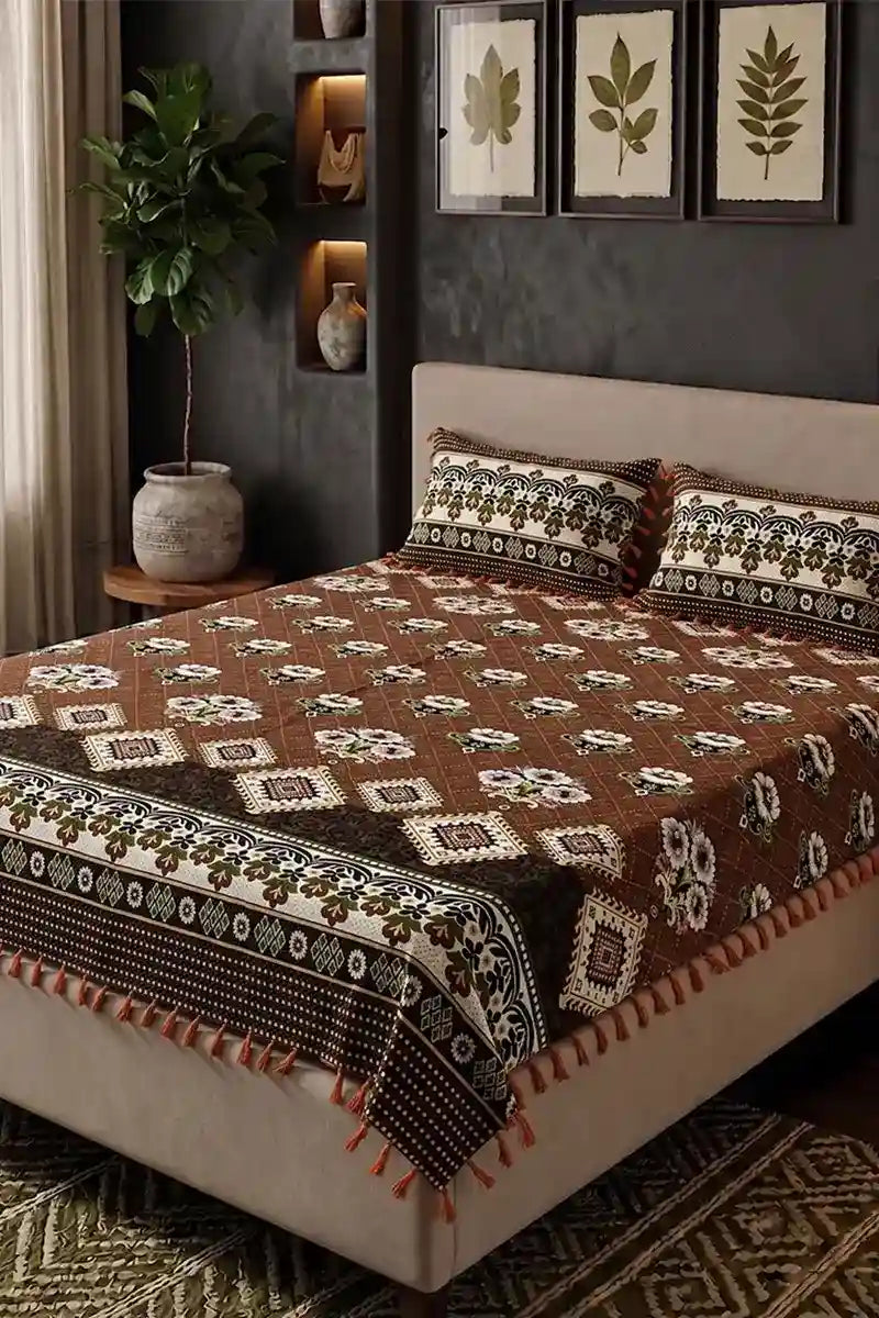 KBCFashion-Premium Multani Double Bed Sheet Set with Zari Work (Chocolate Brown)