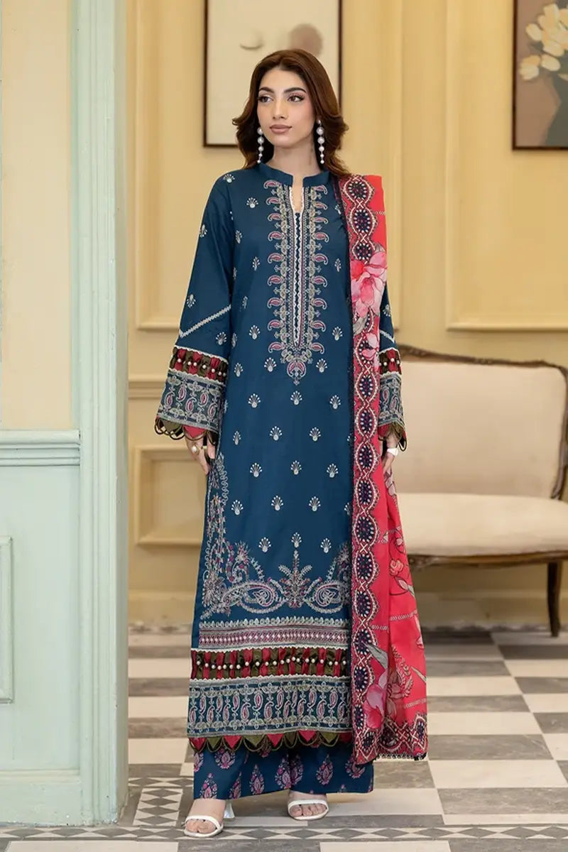 Elvia By Johra - 3PC Unstitched Embroidered Lawn Suit (Deep Teal Blue)