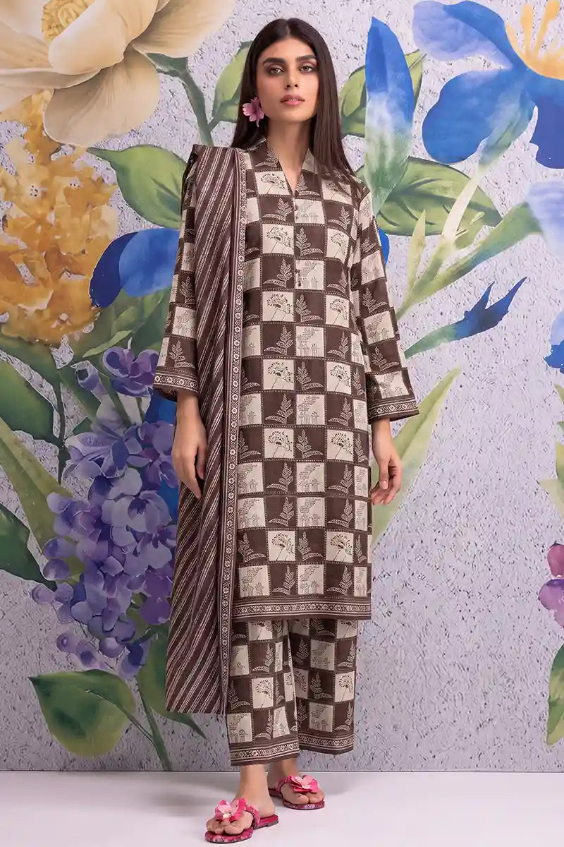 Khaadi 3-Piece Unstitched Printed Lawn Suit Set (Chocolate Brown)