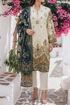 Aabruh Vol-1 3PC Unstitched Printed Lawn Suit (Soft Cream & Dark Pine)