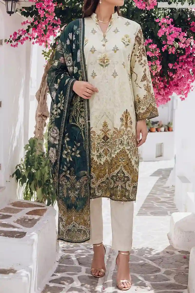 Aabruh Vol-1 3PC Unstitched Printed Lawn Suit (Soft Cream & Dark Pine)