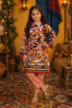 Ting Tone by Almeerah - Girls Unstitched 2-Piece Suit (8 to 12 Years) (Deep Crimson & Mustard Gold)