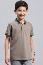 Boy's Textured Cotton Polo T-Shirt (Warm Grey)