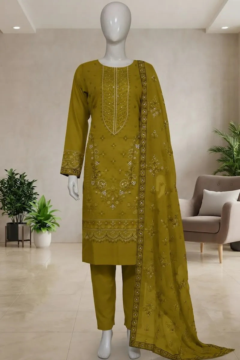 Pariyon Ki Rani by Breeza Fashion - 3PC Unstitched Embroidered Lawn Suit (Mustard Green)