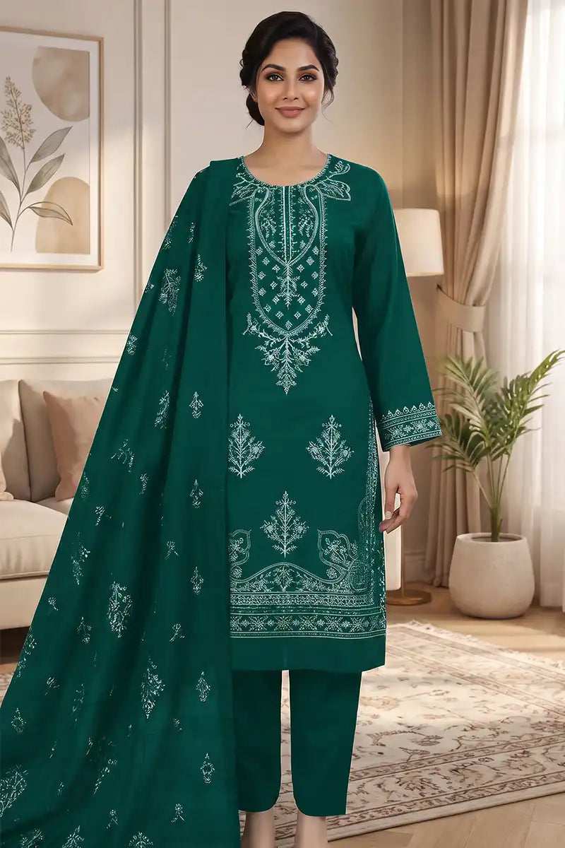 Gulmeher by Breeza Fashion - 3PC Unstitched Embroidered Lawn Suit (Dark Green)
