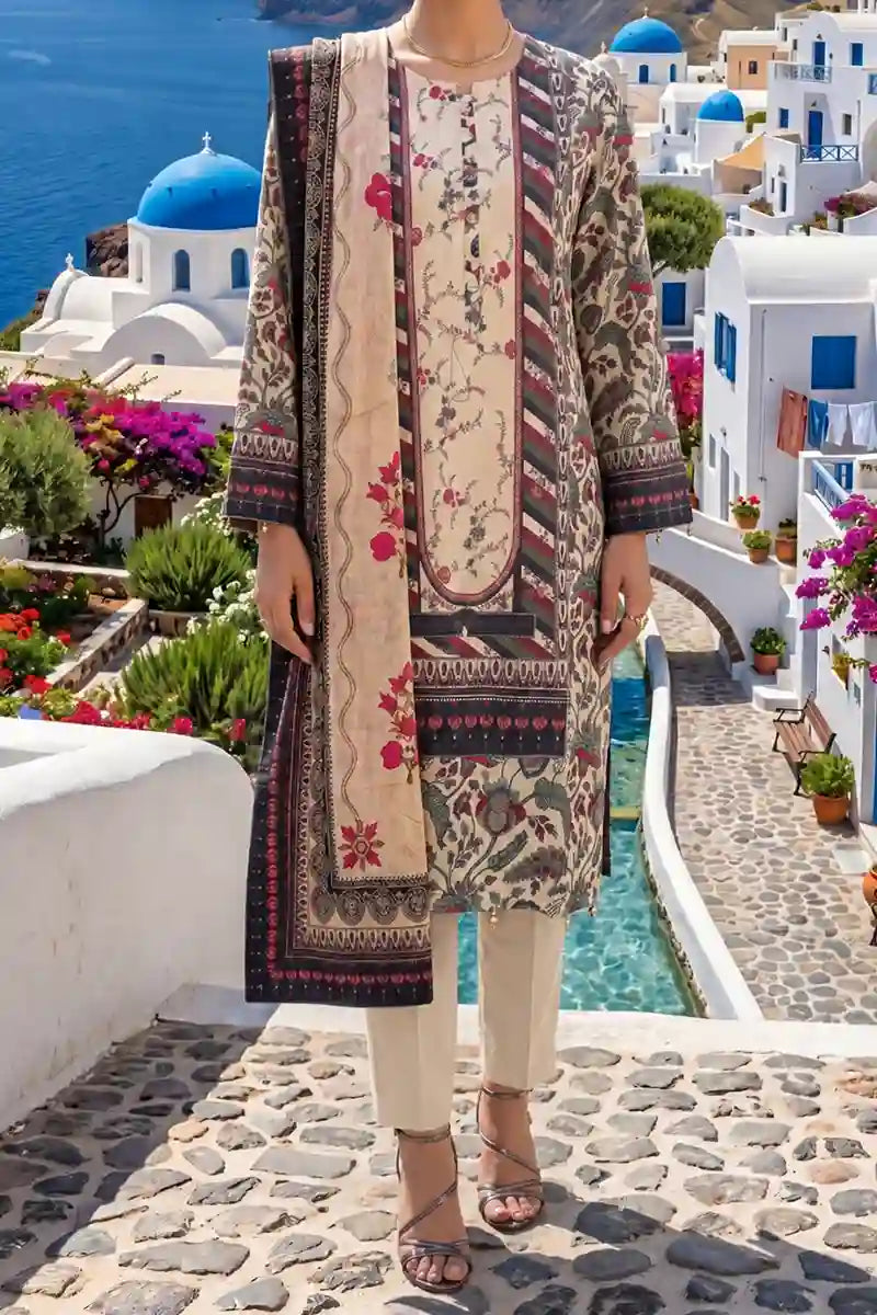 Aabruh Vol-1 3PC Unstitched Printed Lawn Suit (Soft Sand Ivory)