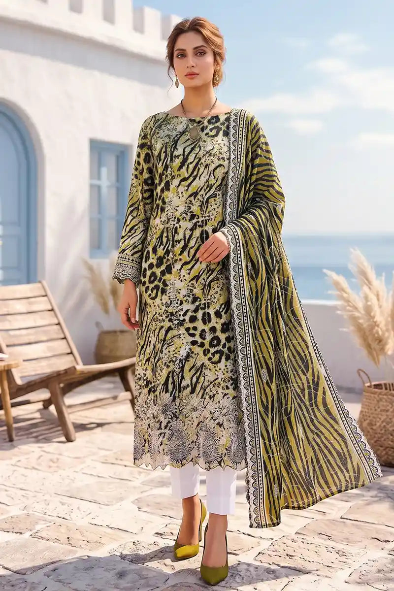 Zesh - 3PC Unstitched Embroidered Lawn Suit (Lime Olive Green)