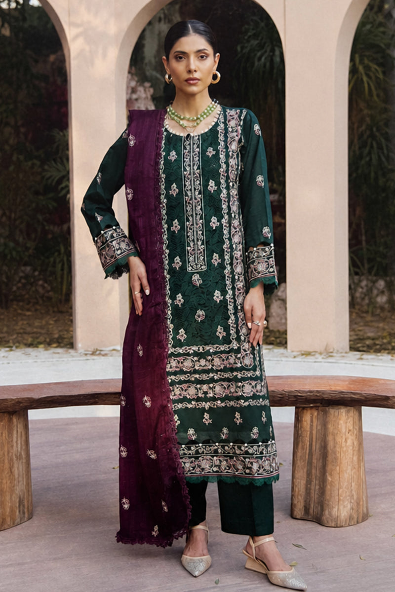 Mahrin By Johra - Premium 3PC Unstitched Embroidered Lawn Suit (Deep Emerald & Deep Plum)