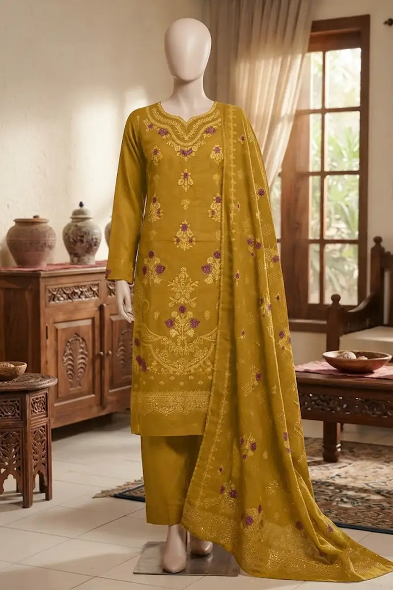 Noor by Breeza Fashion - 3PC Unstitched Embroidered Lawn Suit (Mustard Gold)