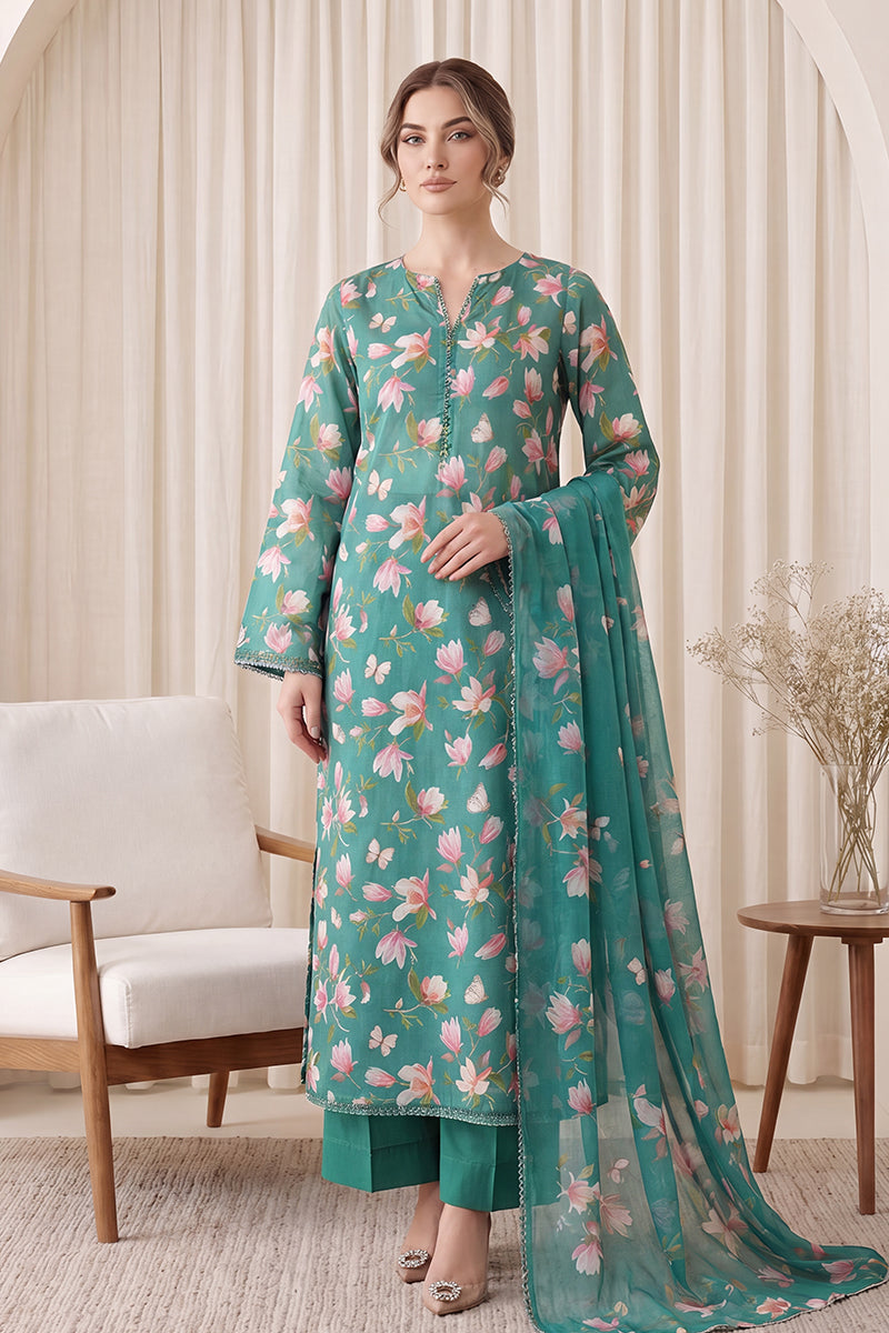 Gul Rang By Bareezé – 3-Piece Unstiched Printed Classic Lawn (Turquoise)