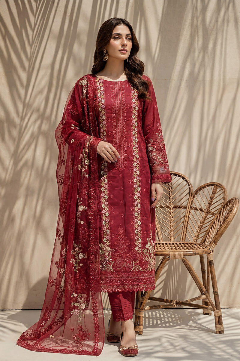 Millat - 3PC Unstitched Embroidered Lawn Suit (Deep Crimson)