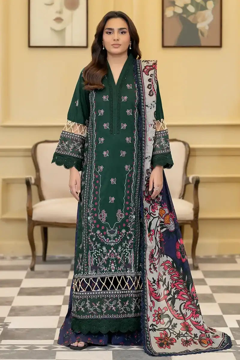 Elvia By Johra - 3PC Unstitched Embroidered Lawn Suit (Deep Forest)