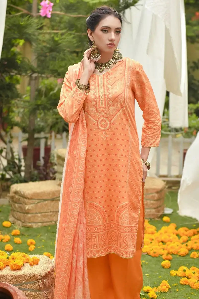 MJ IZHAN Unstitched 3-Piece Lawn Collection (Soft Orange)