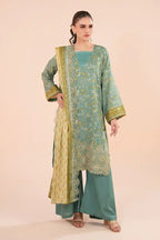 Zesh - 3PC Unstitched Embroidered Lawn Suit (Muted Teal & Butter Cream)