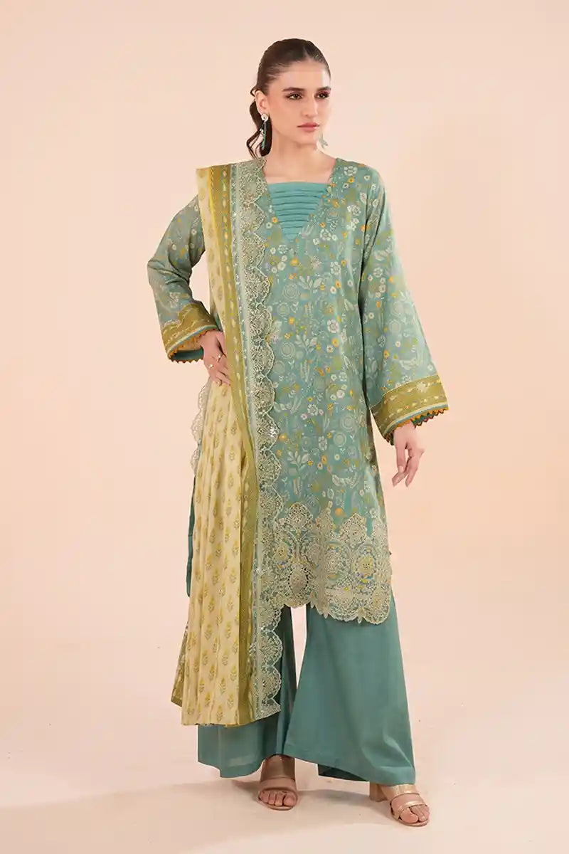 Zesh - 3PC Unstitched Embroidered Lawn Suit (Muted Teal & Butter Cream)